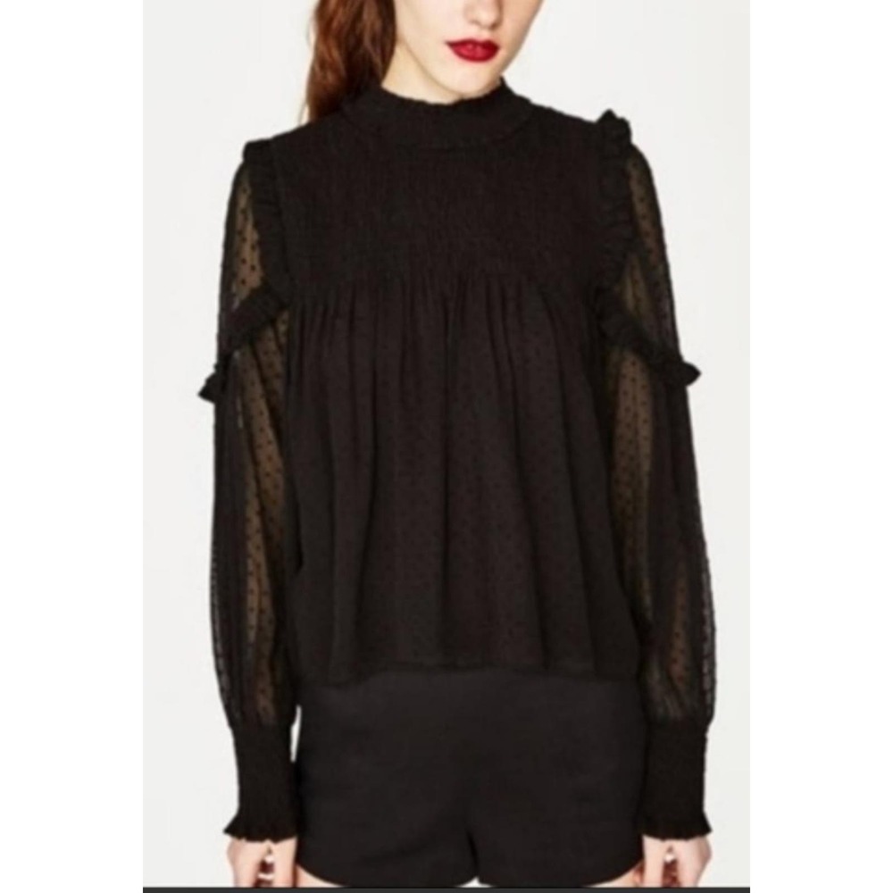 ZARA Women's Top Black Smocked Ruffle Hem Sheer Long Sleeves Blouse Size XS